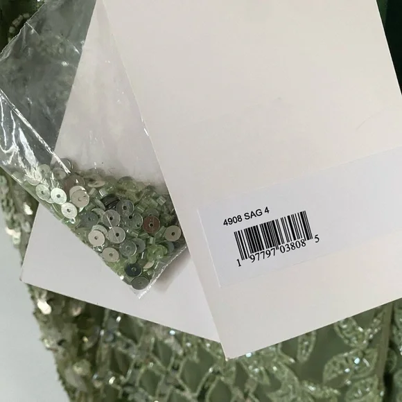 $698 Mac Duggal High Neck Beaded Sequin Fringe Sage Green Gown Dress 4908 Size 4 - Picture 13 of 15